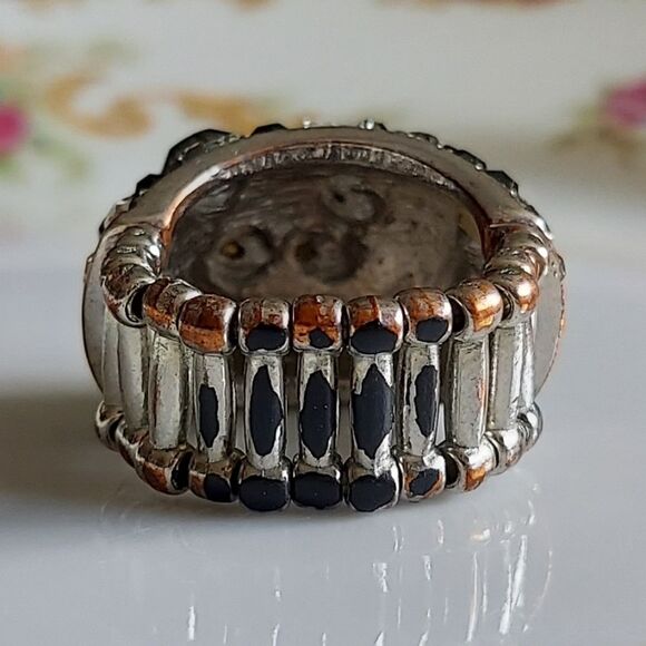 Vintage Black, Grey, White/Clear Rhinestone Statement Ring - Adjustable Band - Picture 12 of 12